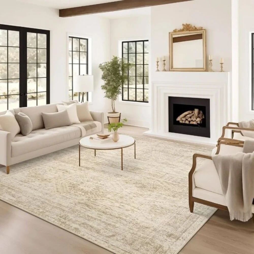 New 8x10 Washable Area Rug Vintage Beige Non-Slip Carpet for Living Room